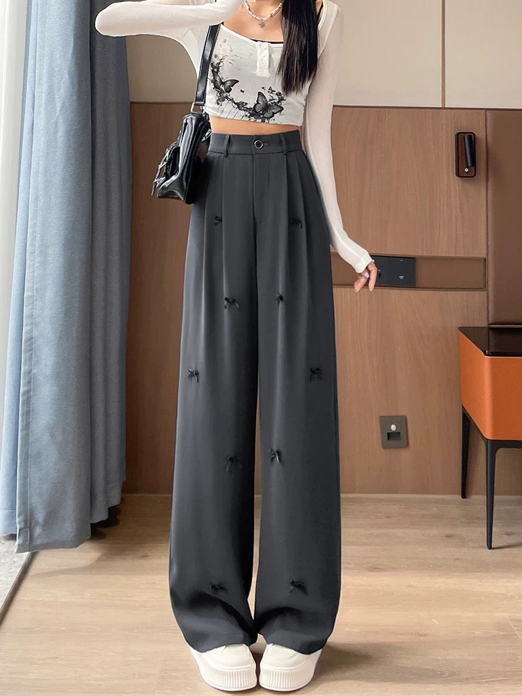 Gray bow straight casual pants for women in autumn new style high waist loose drape petite wide leg floor mopping pants