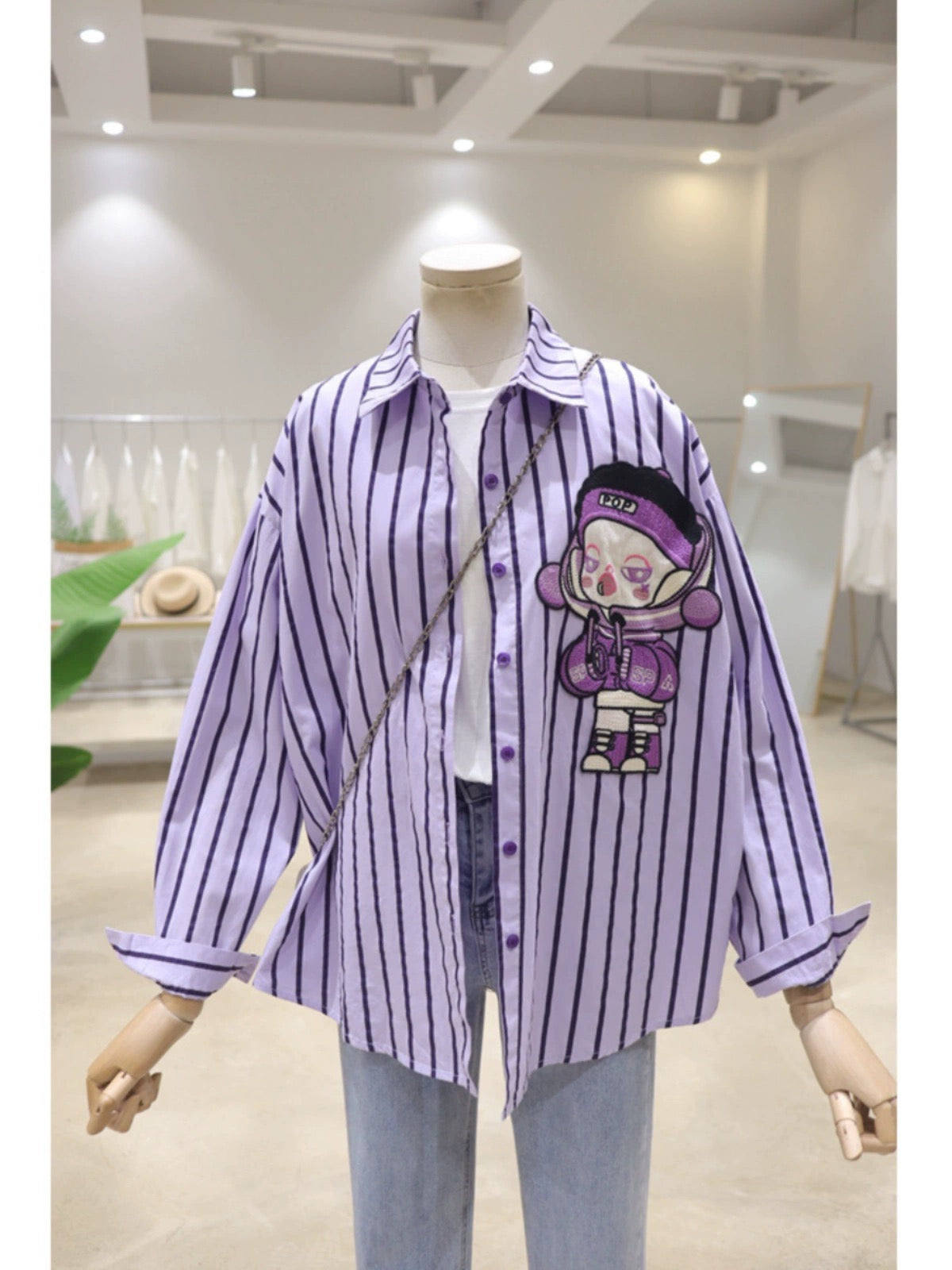 Korean style exquisite woven embroidery cartoon girls 2024 spring loose slim cotton striped long-sleeved shirt for women