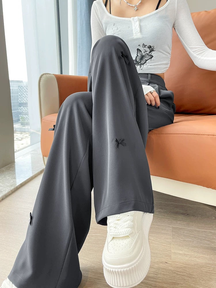 Gray bow straight casual pants for women in autumn new style high waist loose drape petite wide leg floor mopping pants