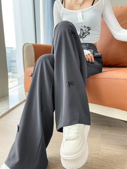 Gray bow straight casual pants for women in autumn new style high waist loose drape petite wide leg floor mopping pants
