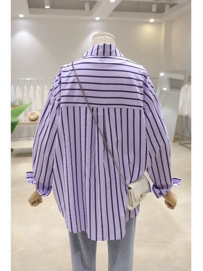 Korean style exquisite woven embroidery cartoon girls 2024 spring loose slim cotton striped long-sleeved shirt for women