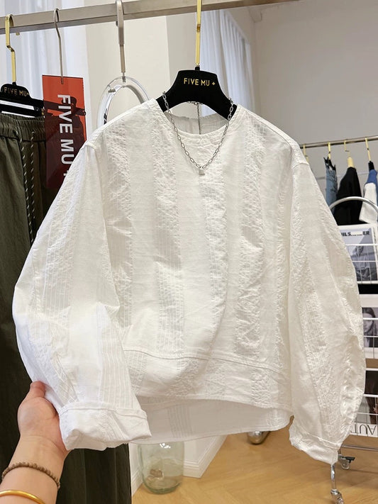 High-end Korean style unique round neck long-sleeved shirt women's spring French blouse super beautiful textured top