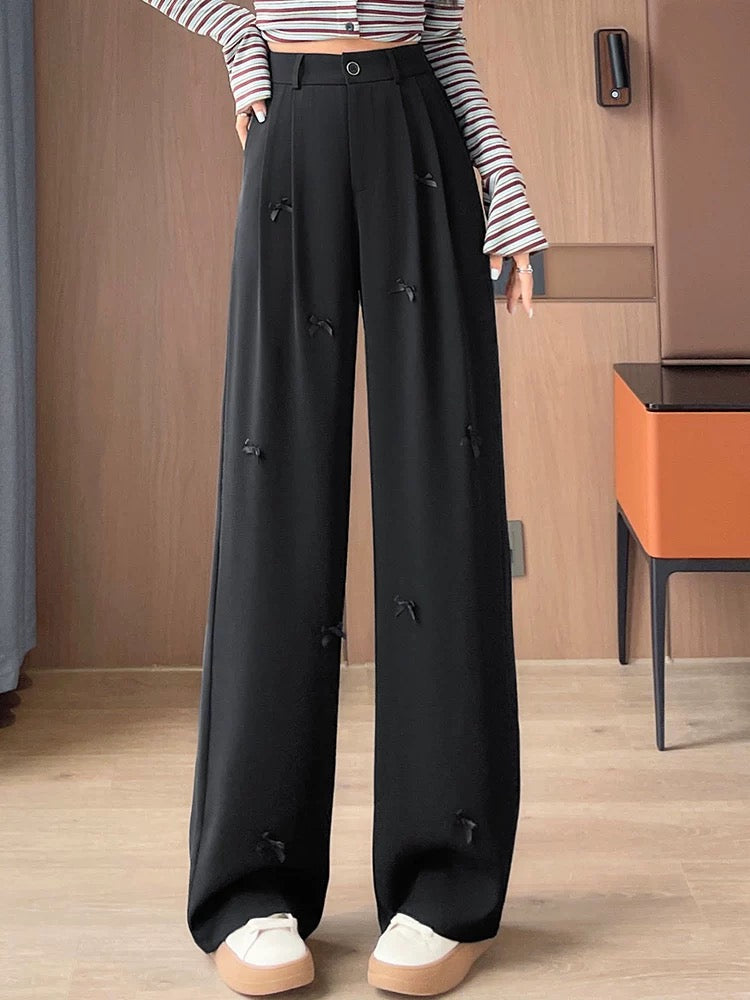 Gray bow straight casual pants for women in autumn new style high waist loose drape petite wide leg floor mopping pants