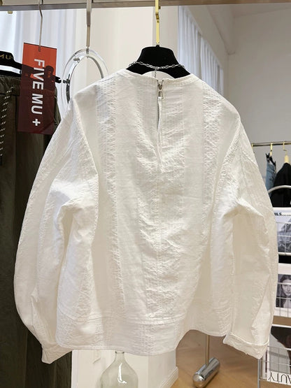 High-end Korean style unique round neck long-sleeved shirt women's spring French blouse super beautiful textured top
