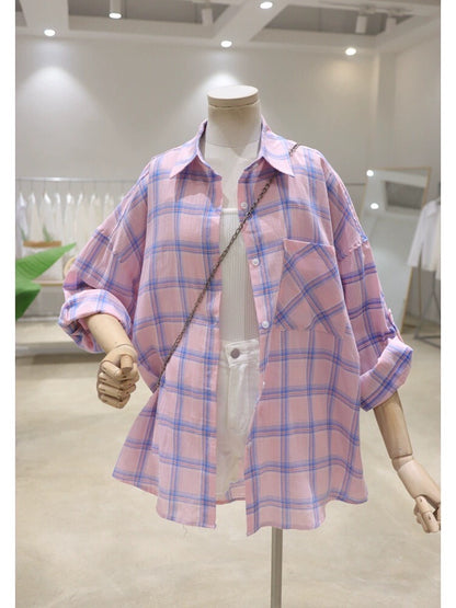 Rollable sleeves thin breathable 2024 spring and summer new loose and slim cotton plaid long-sleeved shirt women's sun protection shirt