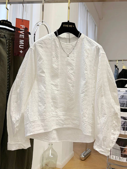 High-end Korean style unique round neck long-sleeved shirt women's spring French blouse super beautiful textured top