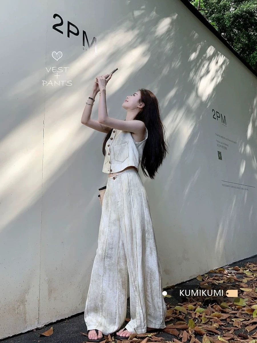 High-end temperament suit tie-dye vest top women's summer high-waisted wide-leg pants straight-leg pants two-piece set