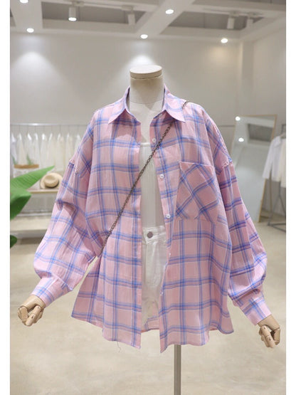 Rollable sleeves thin breathable 2024 spring and summer new loose and slim cotton plaid long-sleeved shirt women's sun protection shirt