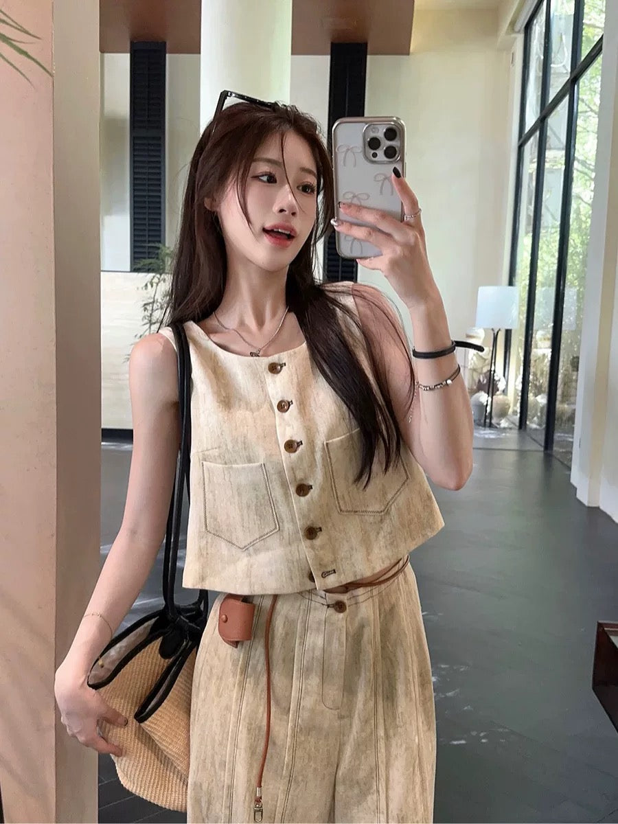 High-end temperament suit tie-dye vest top women's summer high-waisted wide-leg pants straight-leg pants two-piece set