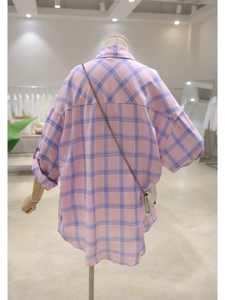 Rollable sleeves thin breathable 2024 spring and summer new loose and slim cotton plaid long-sleeved shirt women's sun protection shirt