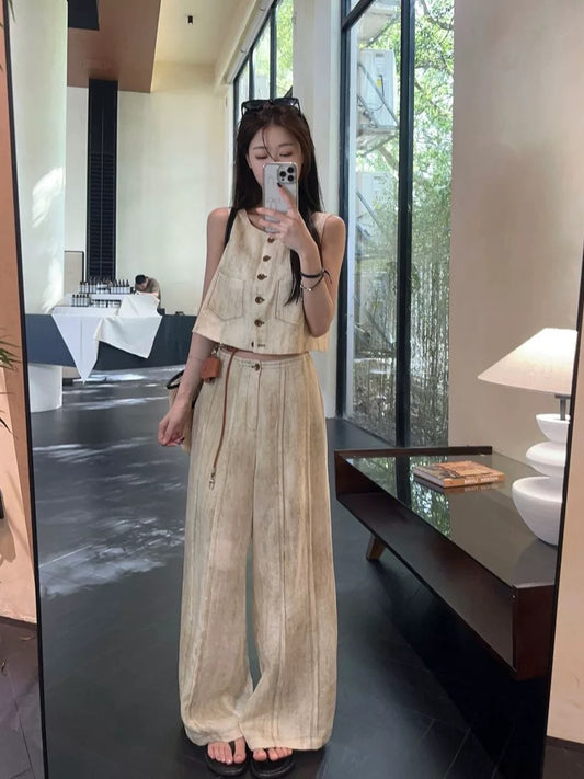 High-end temperament suit tie-dye vest top women's summer high-waisted wide-leg pants straight-leg pants two-piece set