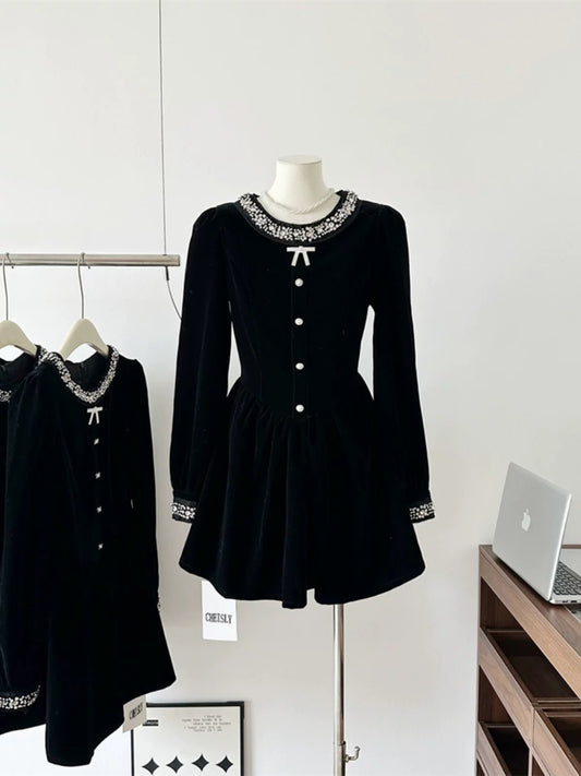 Qianjin style high-end black velvet dress for women in autumn and winter, elegant and slim black tutu skirt with studs and diamonds