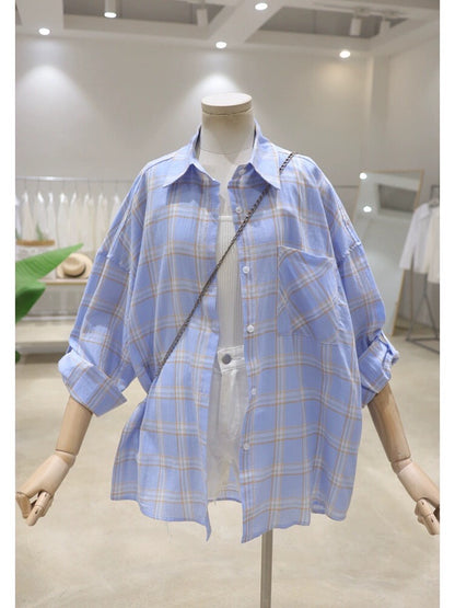 Rollable sleeves thin breathable 2024 spring and summer new loose and slim cotton plaid long-sleeved shirt women's sun protection shirt