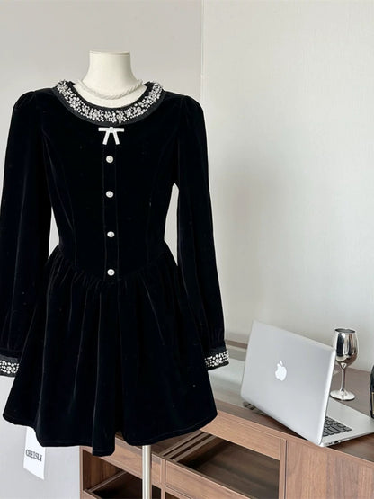 Qianjin style high-end black velvet dress for women in autumn and winter, elegant and slim black tutu skirt with studs and diamonds