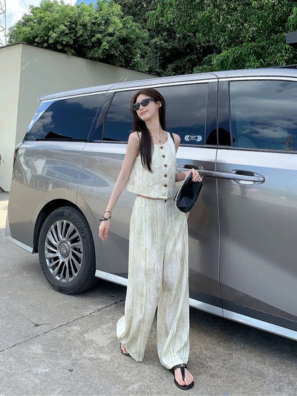 High-end temperament suit tie-dye vest top women's summer high-waisted wide-leg pants straight-leg pants two-piece set