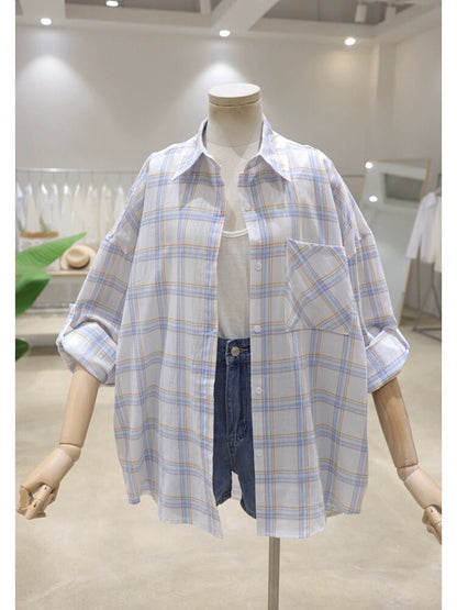 Rollable sleeves thin breathable 2024 spring and summer new loose and slim cotton plaid long-sleeved shirt women's sun protection shirt