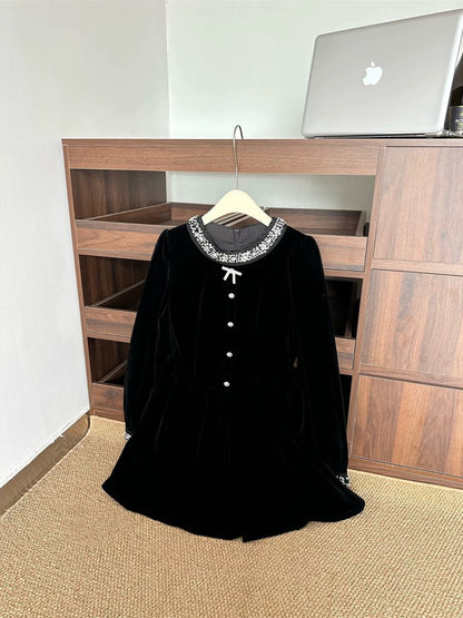Qianjin style high-end black velvet dress for women in autumn and winter, elegant and slim black tutu skirt with studs and diamonds