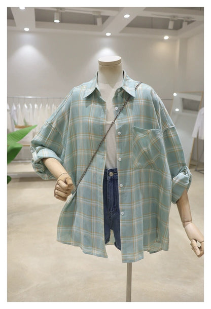 Rollable sleeves thin breathable 2024 spring and summer new loose and slim cotton plaid long-sleeved shirt women's sun protection shirt