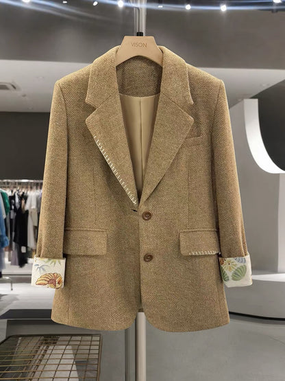Khaki wool blazer, super stylish, women's 2025 autumn/winter new style, French chic, trendy suit jacket.