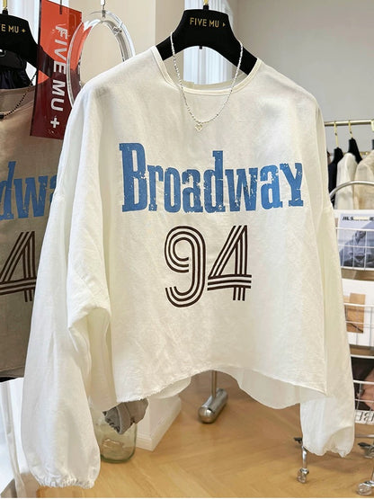 High-grade letter printing casual linen long-sleeved thin sun-proof shirt for women in summer pullover hoodie great-looking top