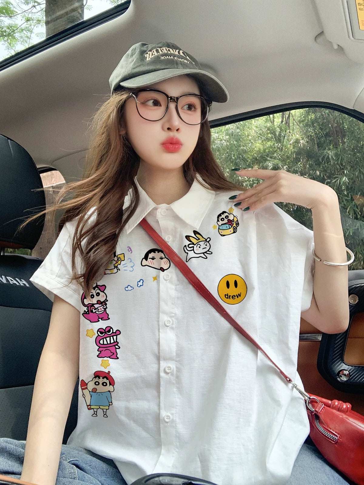 Trendy cartoon white short-sleeved shirt for women, loose and relaxed style, unique design with flutter sleeves, perfect for summer.