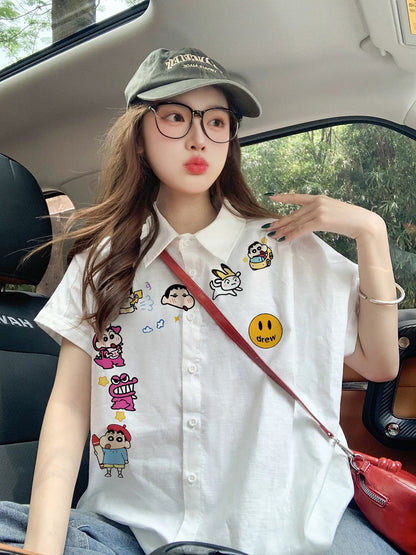 Trendy cartoon white short-sleeved shirt for women, loose and relaxed style, unique design with flutter sleeves, perfect for summer.