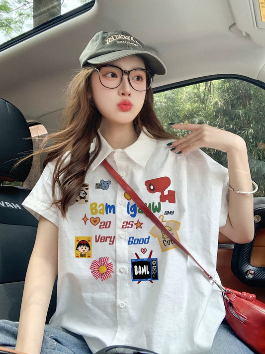 Women's white short-sleeved shirt with cartoon shoulder design, summer loose retro style, youthful and casual, suitable for couples.