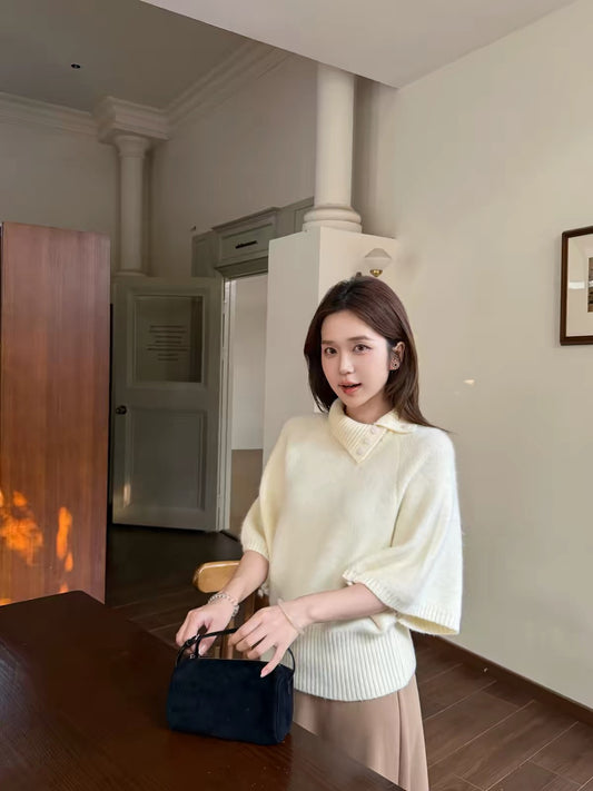 Chen Wenwen [Sea Salt Chanson] – Petite-Friendly, Pear-Shape Flattering, Batwing-Sleeve Collared Mid-Sleeve Knit Top (Autumn/Winter)
