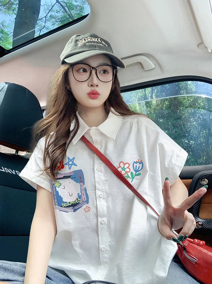 2025 New White Short-Sleeve Shirt for Women, Summer Loose Fit, Relaxed Style, Trendy Brand, Age-Defying Couple Shirt Top