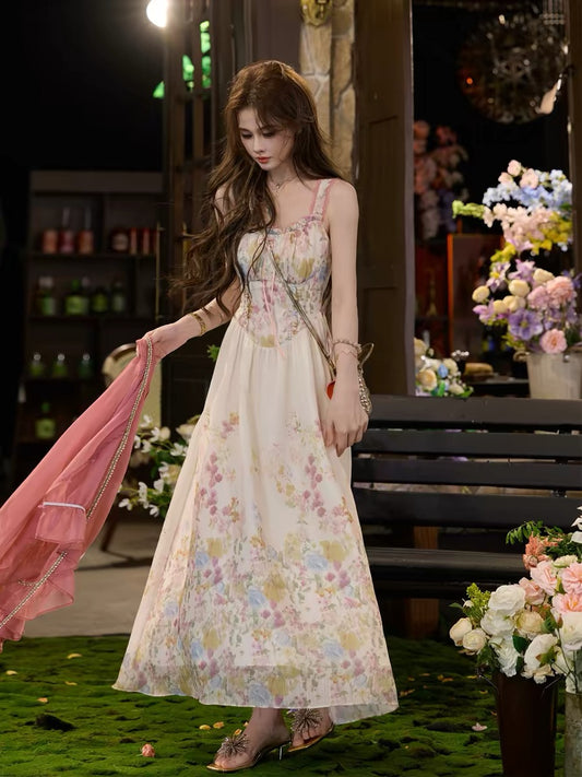 TUNTUN Spring/Summer "Flora's Hem" French-style watercolor floral camisole dress featuring lettuce-edge ruffles and lace details.