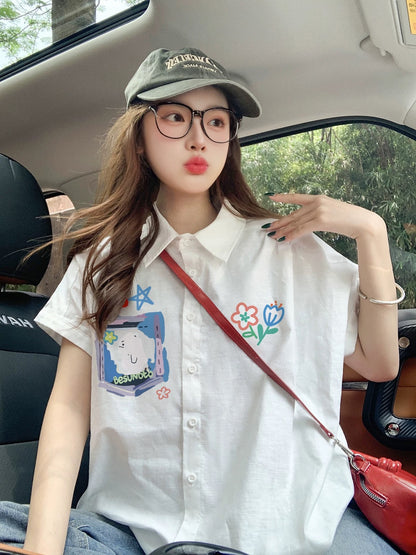 2025 New White Short-Sleeve Shirt for Women, Summer Loose Fit, Relaxed Style, Trendy Brand, Age-Defying Couple Shirt Top
