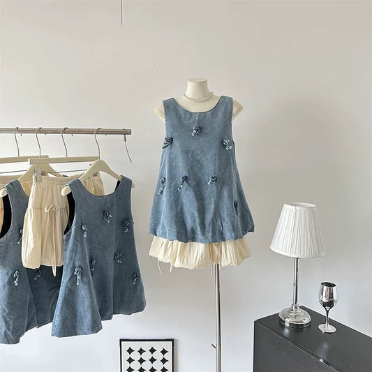 Sweet style suit women's niche three-dimensional bow denim vest top summer flower bud skirt skirt two-piece set