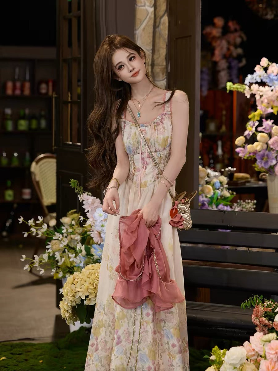 TUNTUN Spring/Summer "Flora's Hem" French-style watercolor floral camisole dress featuring lettuce-edge ruffles and lace details.