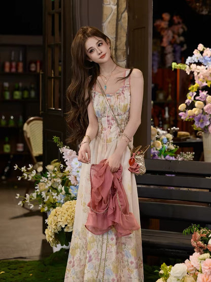 TUNTUN Spring/Summer "Flora's Hem" French-style watercolor floral camisole dress featuring lettuce-edge ruffles and lace details.