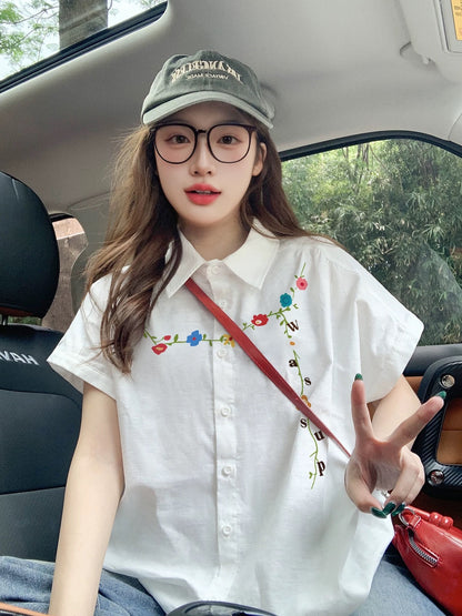 2025 New White Short-Sleeve Shirt for Women, Loose Fit, Youthful, Niche Trendy Brand, Small Flutter Sleeve Shirt Top