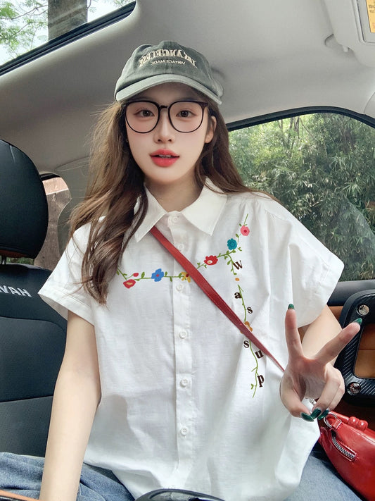 2025 New White Short-Sleeve Shirt for Women, Loose Fit, Youthful, Niche Trendy Brand, Small Flutter Sleeve Shirt Top