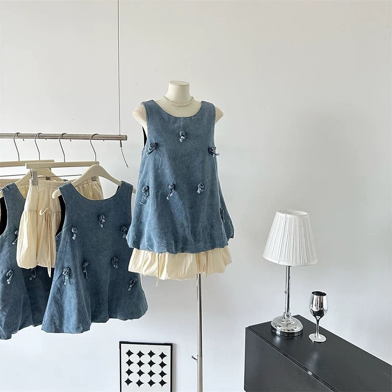 Sweet style suit women's niche three-dimensional bow denim vest top summer flower bud skirt skirt two-piece set