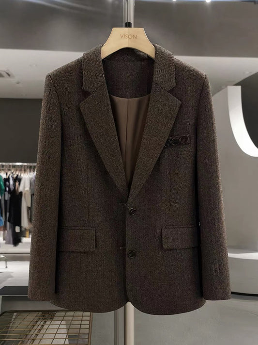 Brown herringbone wool blazer for women, new autumn/winter 2025 style, youthful and trendy.