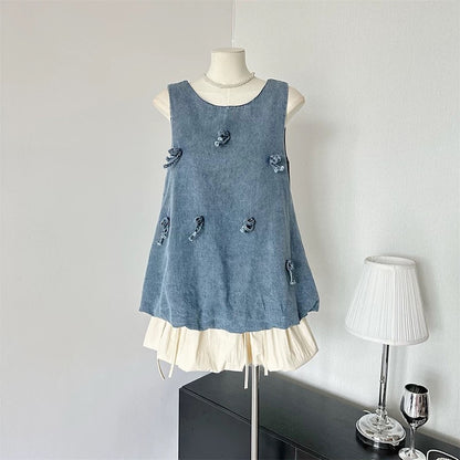 Sweet style suit women's niche three-dimensional bow denim vest top summer flower bud skirt skirt two-piece set