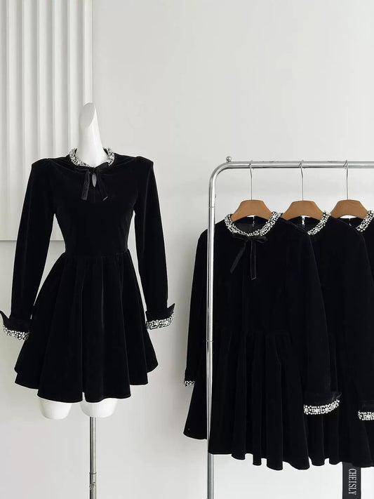 Duolaimei Qianjin style dress for women in autumn and winter black studded diamond puff sleeves temperament and high-end little black dress for women
