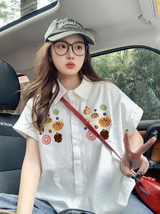 2025 New Style White Short-Sleeve Shirt for Women, Summer Loose Fit, Relaxed Style, Retro Minimalist Cartoon Top/Shirt
