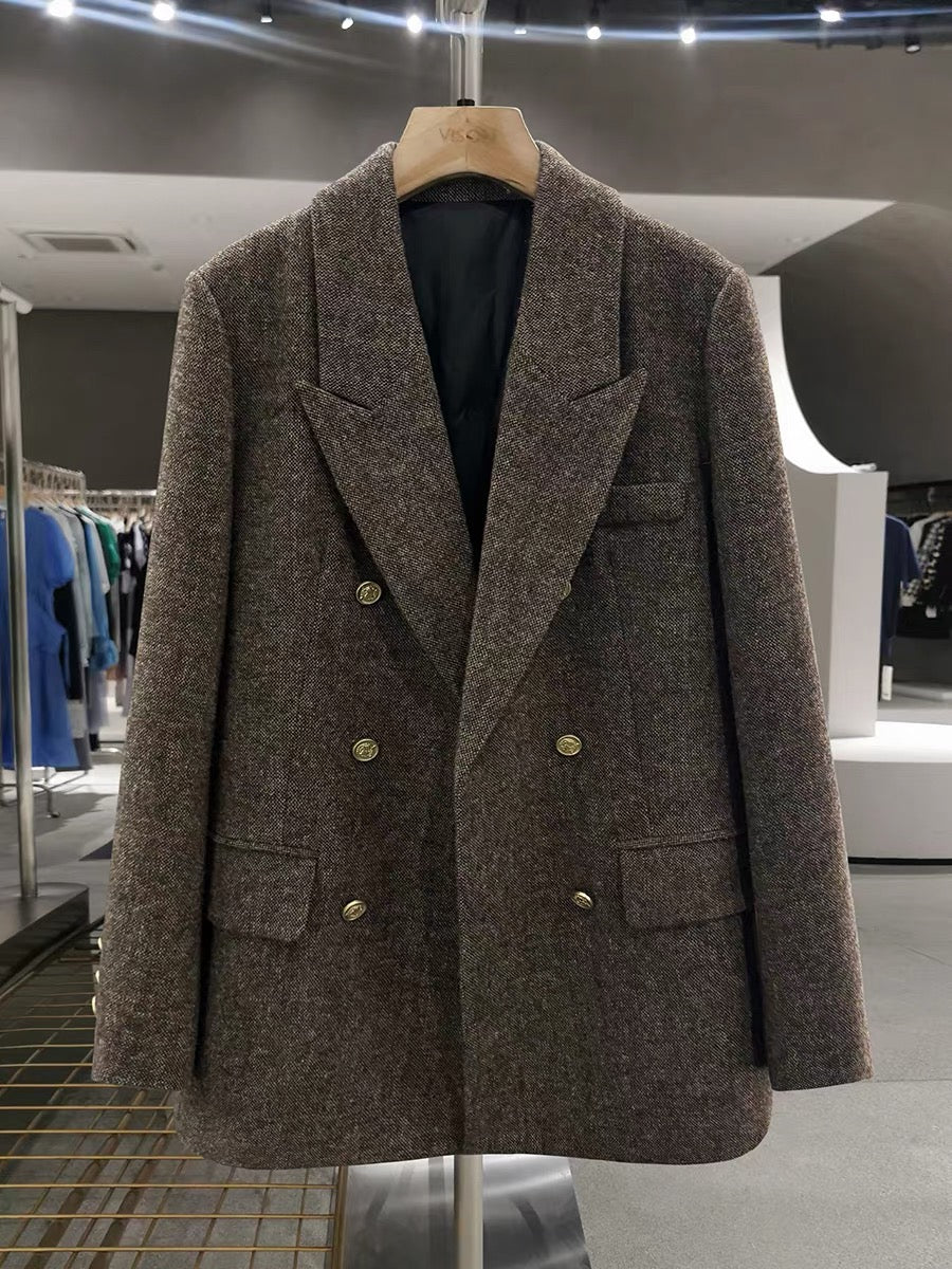 Brown retro down-lined woolen suit jacket for women, 2025 new winter style, old-fashioned thickened casual suit.