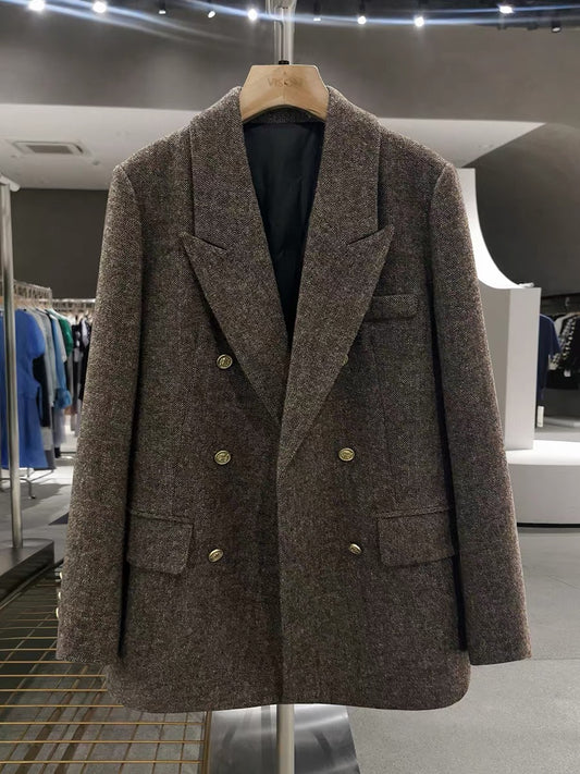 Brown retro down-lined woolen suit jacket for women, 2025 new winter style, old-fashioned thickened casual suit.