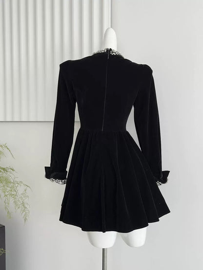 Duolaimei Qianjin style dress for women in autumn and winter black studded diamond puff sleeves temperament and high-end little black dress for women