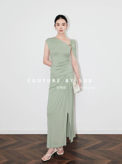 SUK Classic romance! Asymmetrical sloping collar dress with pleated waist, slim fit knitted stretch skirt for summer