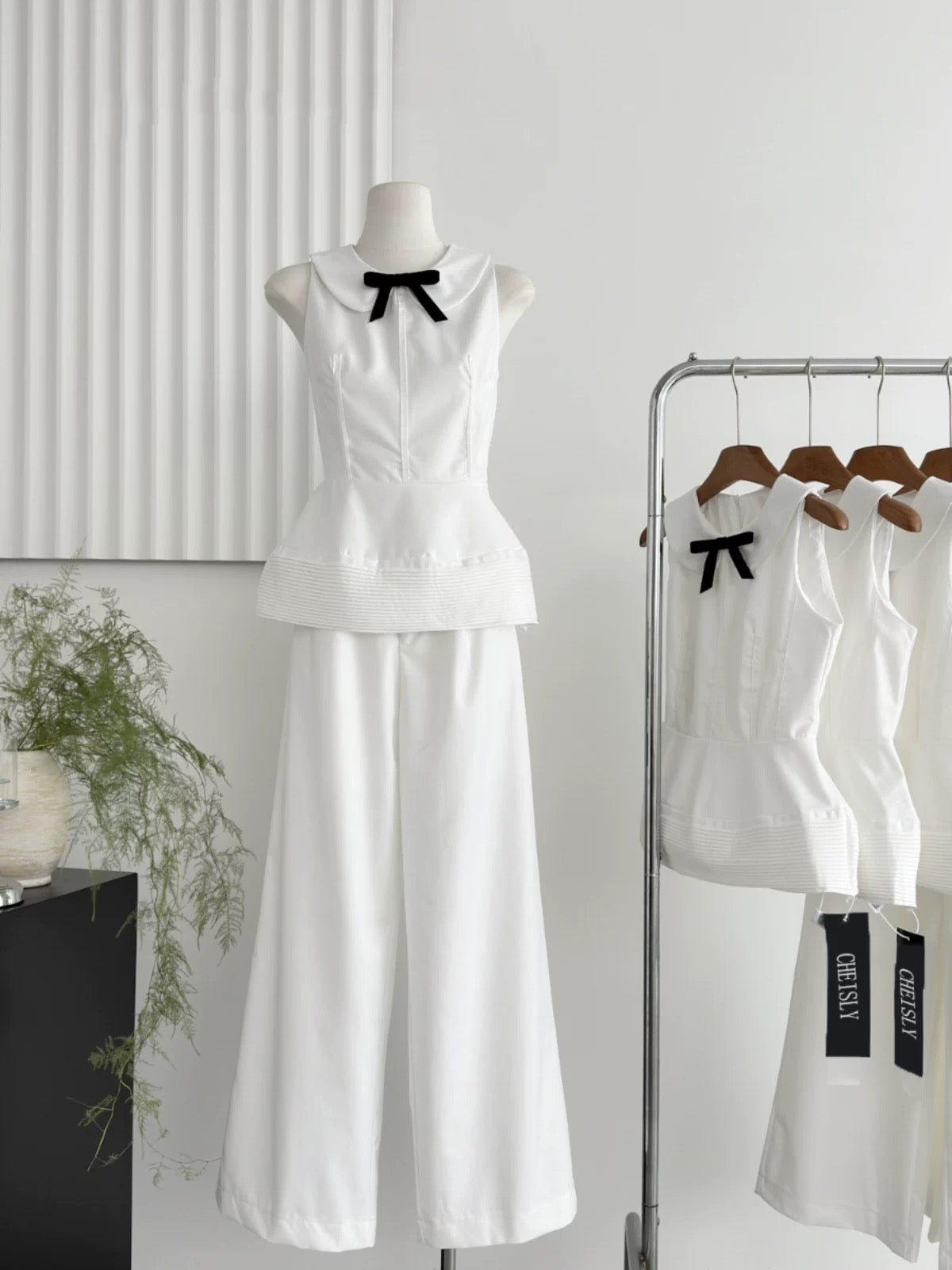 Doleme 2024 Summer Fashion Outfit French White Sleeveless Waist Top Wide Leg Casual Pants