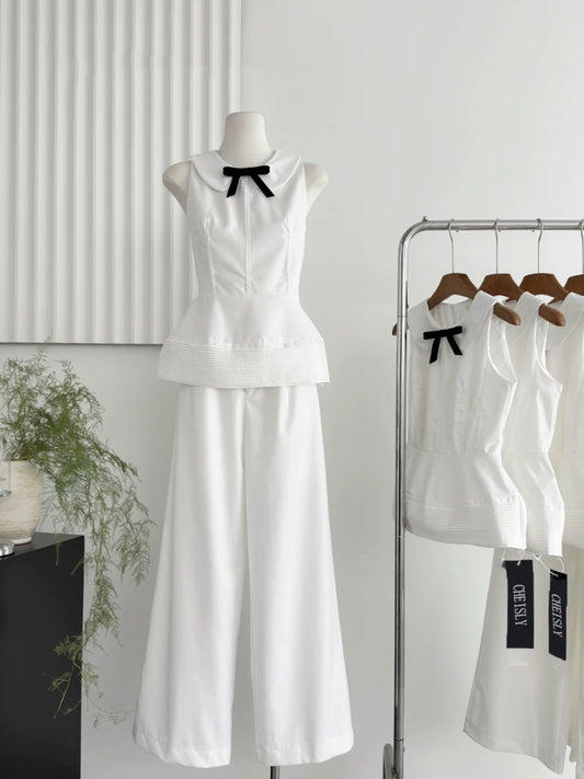 Doleme 2024 Summer Fashion Outfit French White Sleeveless Waist Top Wide Leg Casual Pants
