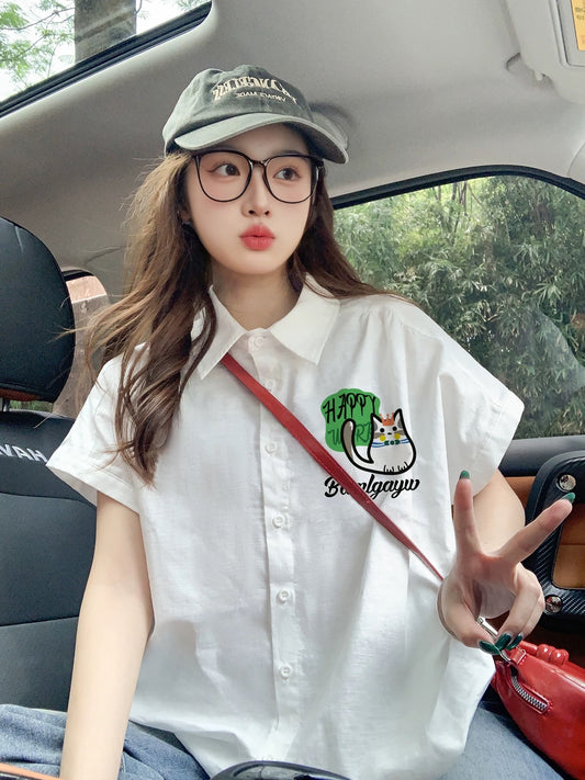 White cartoon short-sleeved shirt for women, summer 2025 new style, loose and casual, trendy brand niche top/shirt.