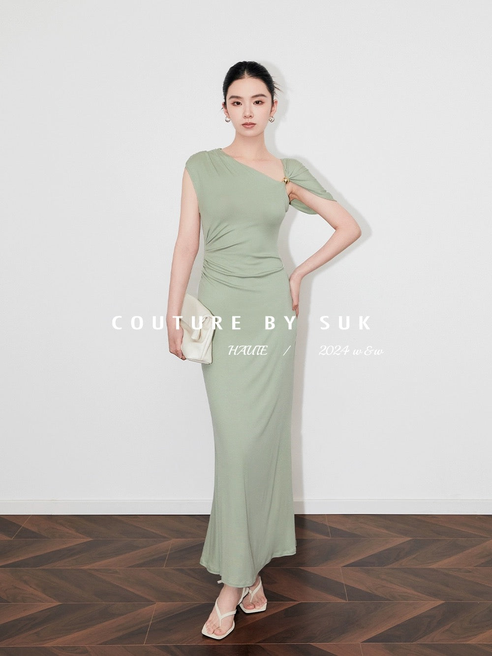 SUK Classic romance! Asymmetrical sloping collar dress with pleated waist, slim fit knitted stretch skirt for summer