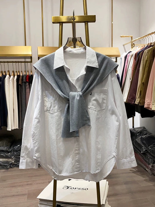 [Xiao Ai's stall real shot] New early autumn shawl two-piece shirt for women, loose and slim, niche temperament tops